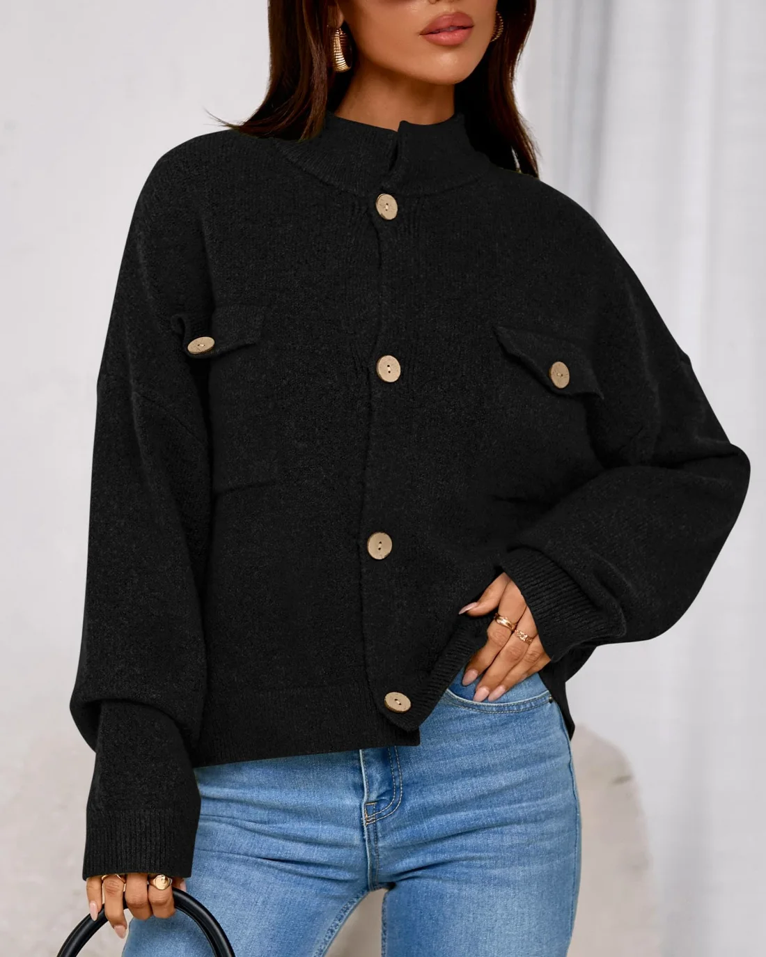 KIRUNDO Chunky Button-Down Mock Neck Cardigan in Black, view 6