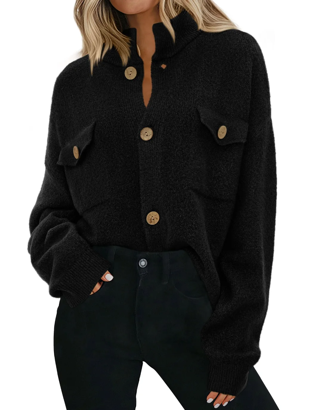 KIRUNDO Chunky Button-Down Mock Neck Cardigan in Black