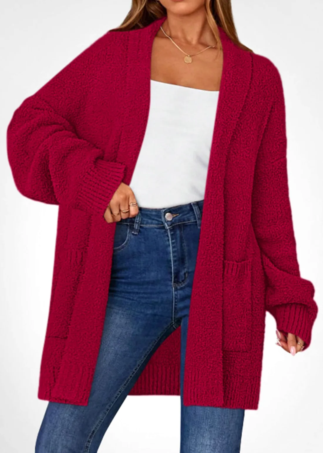 KIRUNDO Chunky Fuzzy Cardigan in Burgundy, view 3