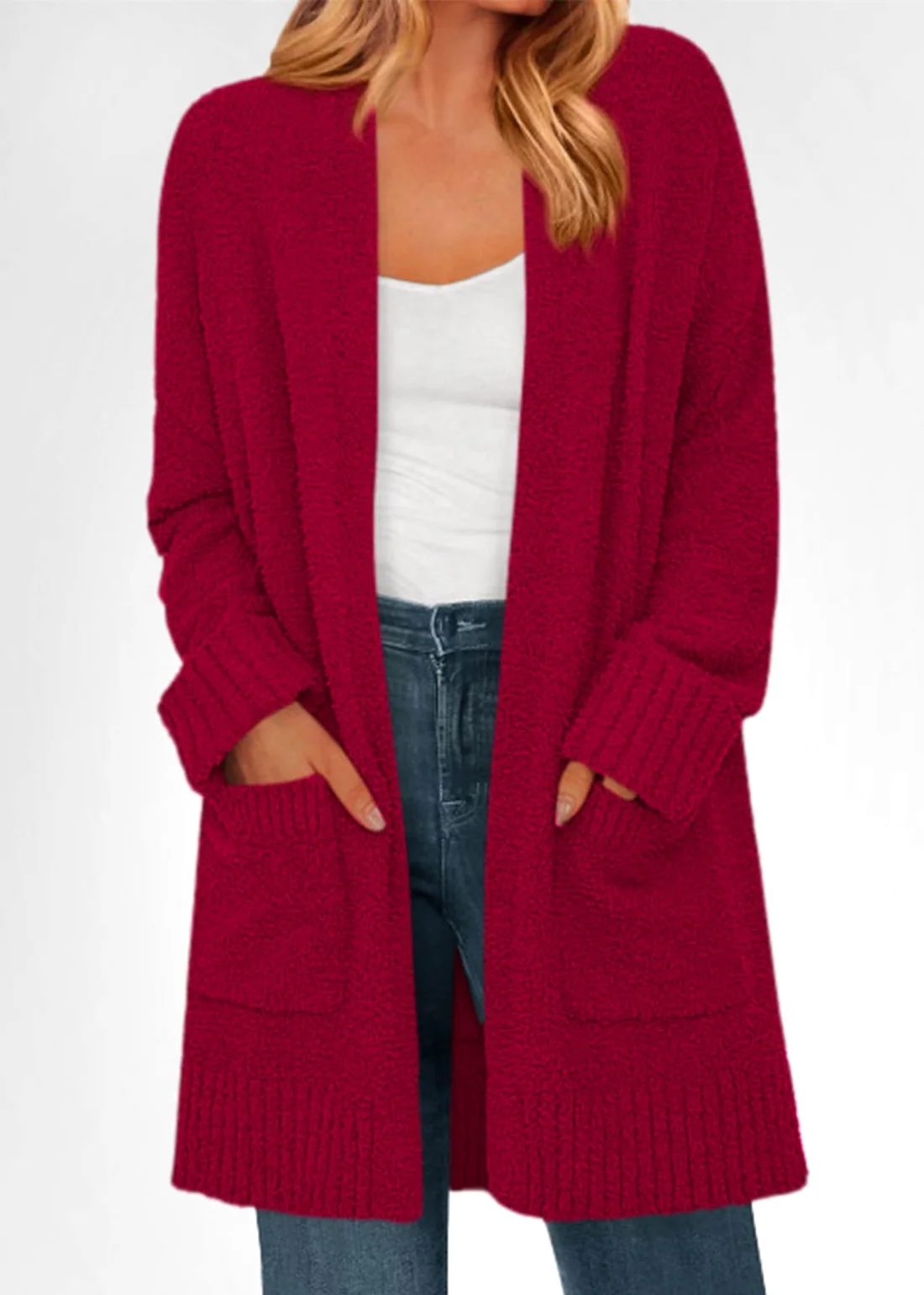 KIRUNDO Chunky Fuzzy Cardigan in Burgundy, view 4