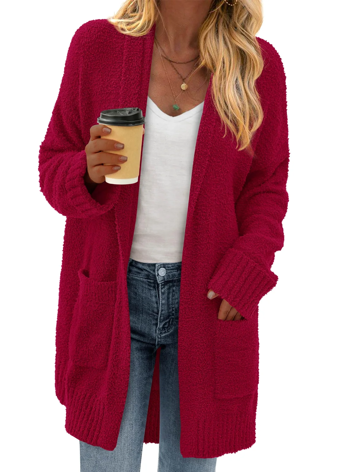 KIRUNDO Chunky Fuzzy Cardigan in Burgundy