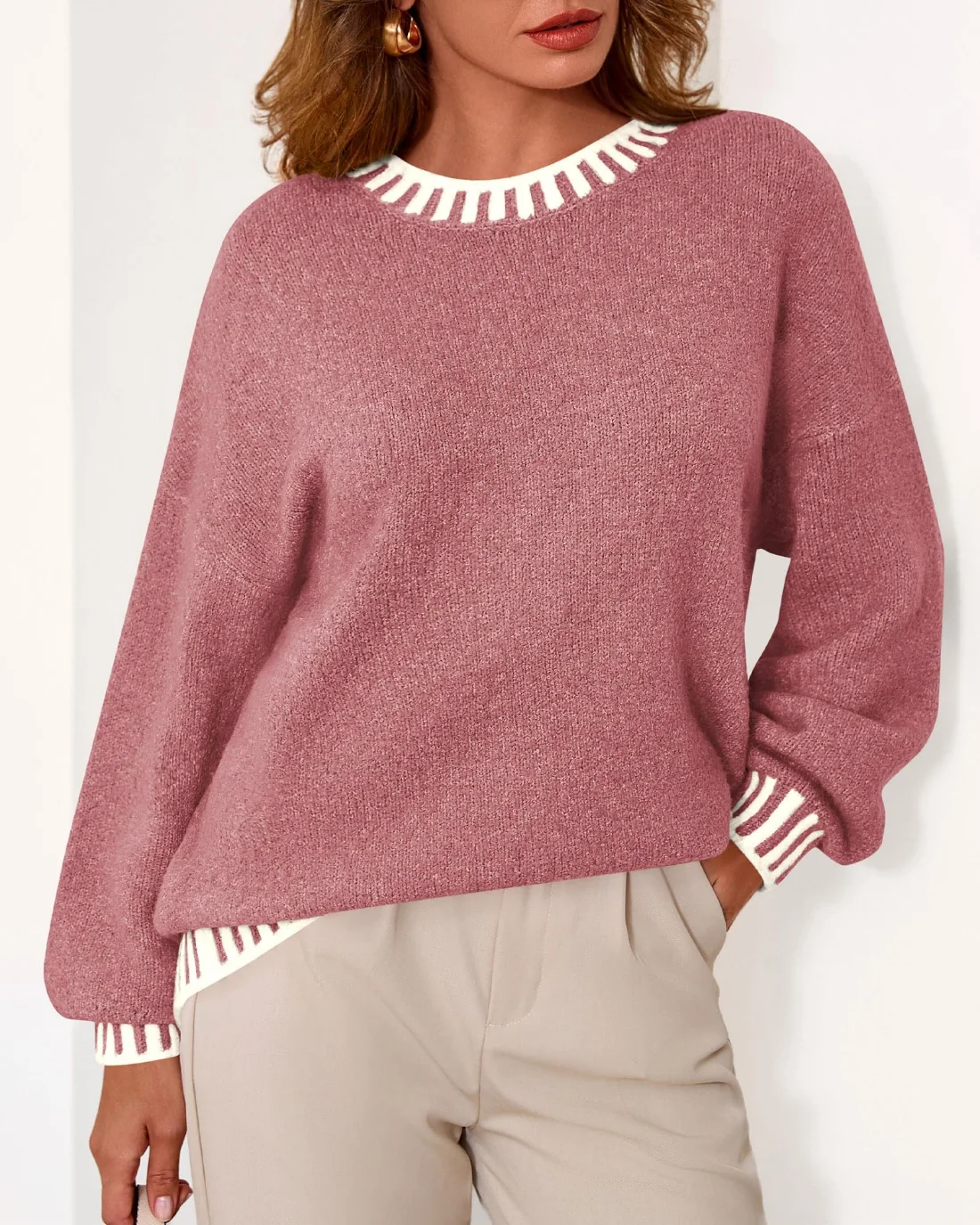 KIRUNDO Chunky Oversized Crewneck Sweater in Dusty Pink, view 3