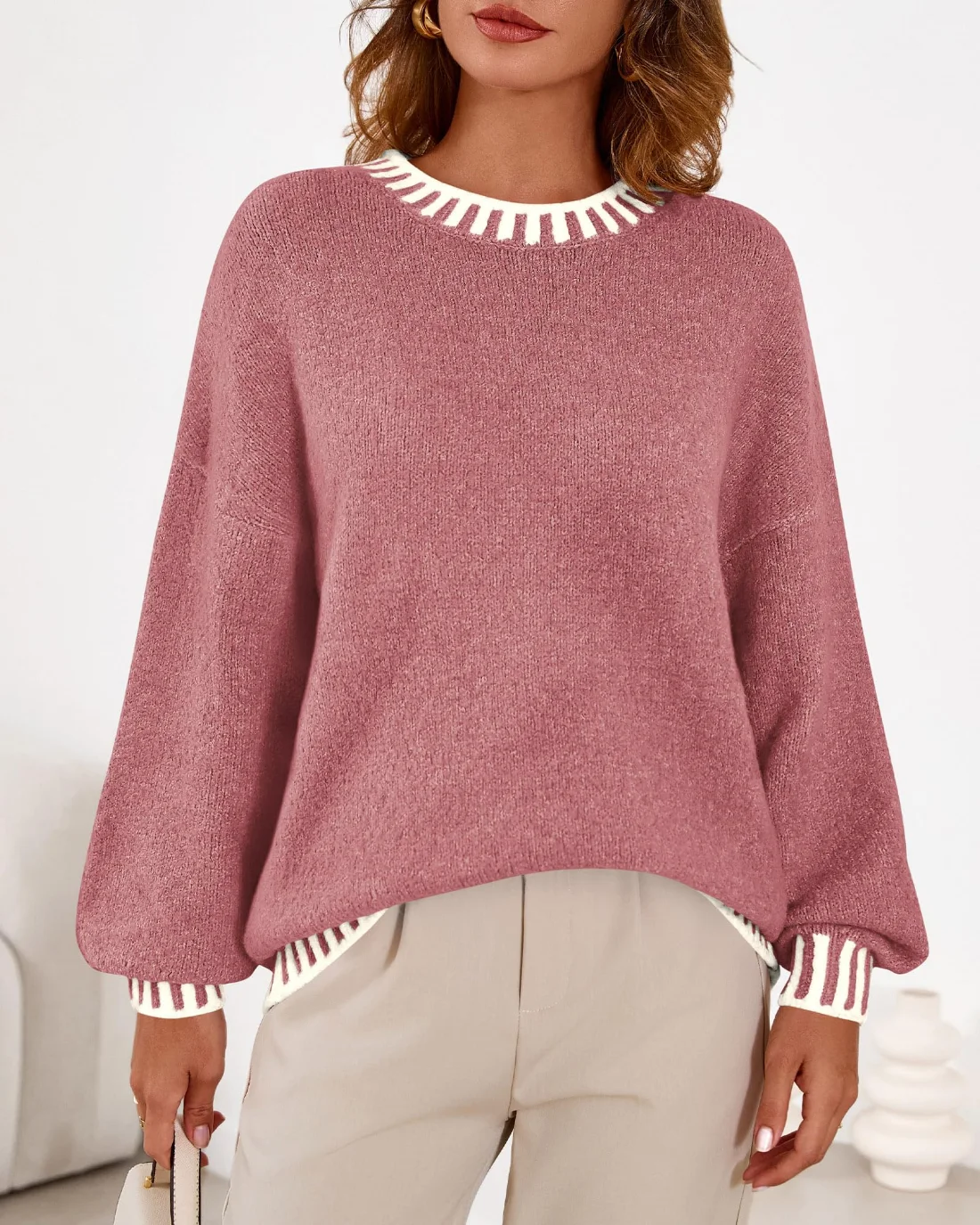 KIRUNDO Chunky Oversized Crewneck Sweater in Dusty Pink, view 4