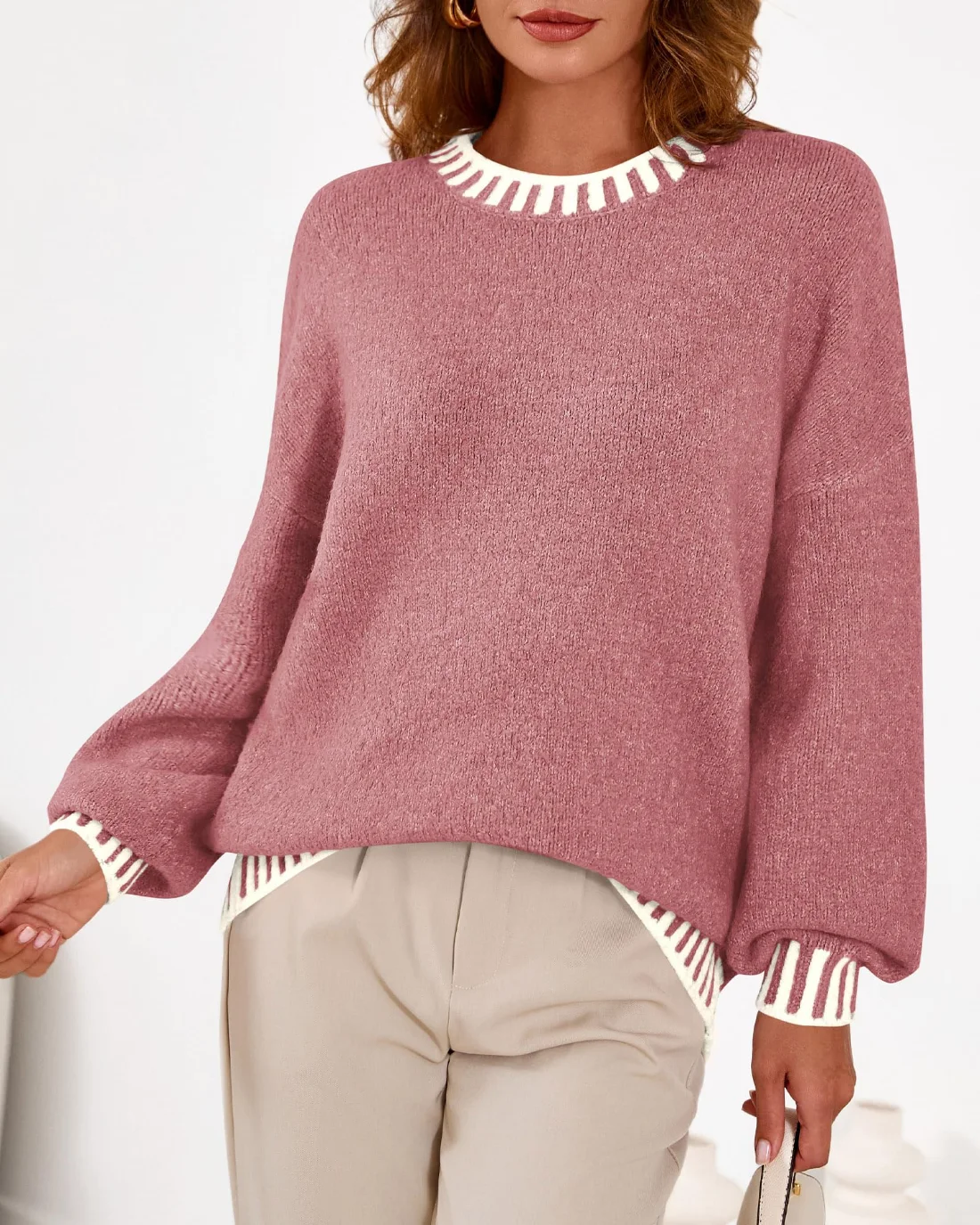 KIRUNDO Chunky Oversized Crewneck Sweater in Dusty Pink, view 5
