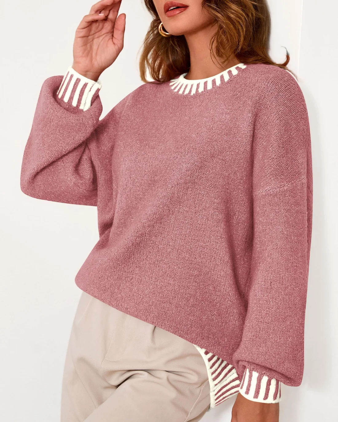KIRUNDO Chunky Oversized Crewneck Sweater in Dusty Pink, view 6