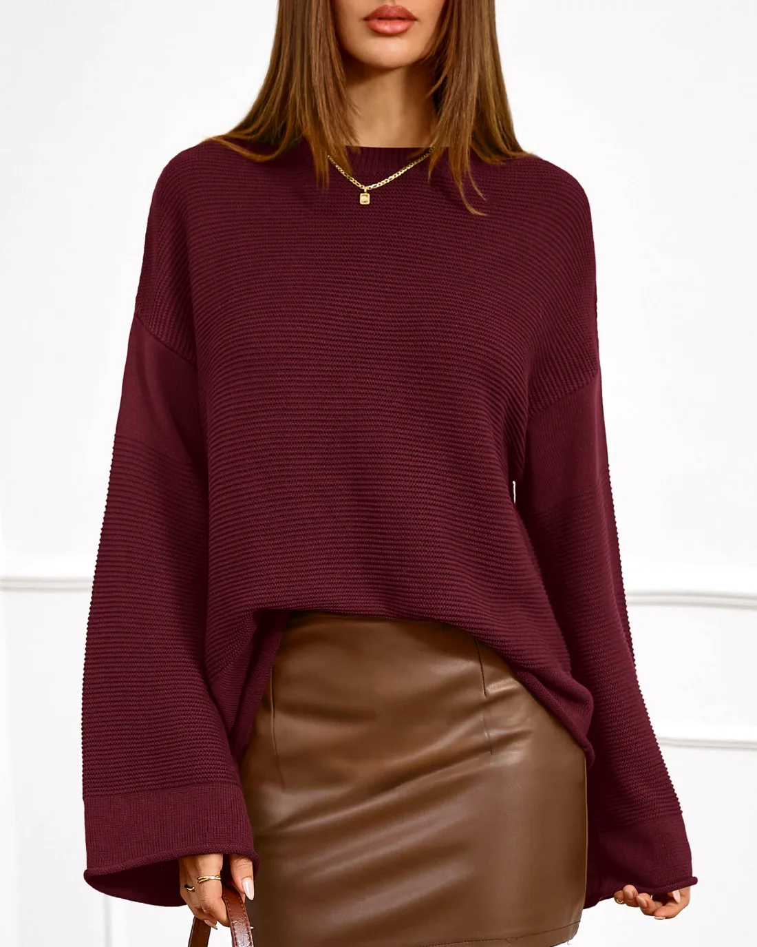 KIRUNDO Chunky Ribbed Oversized Sweater in Burgundy, view 4