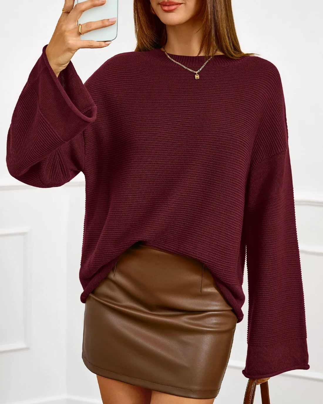 KIRUNDO Chunky Ribbed Oversized Sweater in Burgundy, view 5
