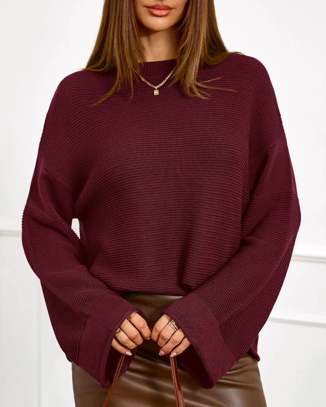 KIRUNDO Chunky Ribbed Oversized Sweater in Burgundy, view 6