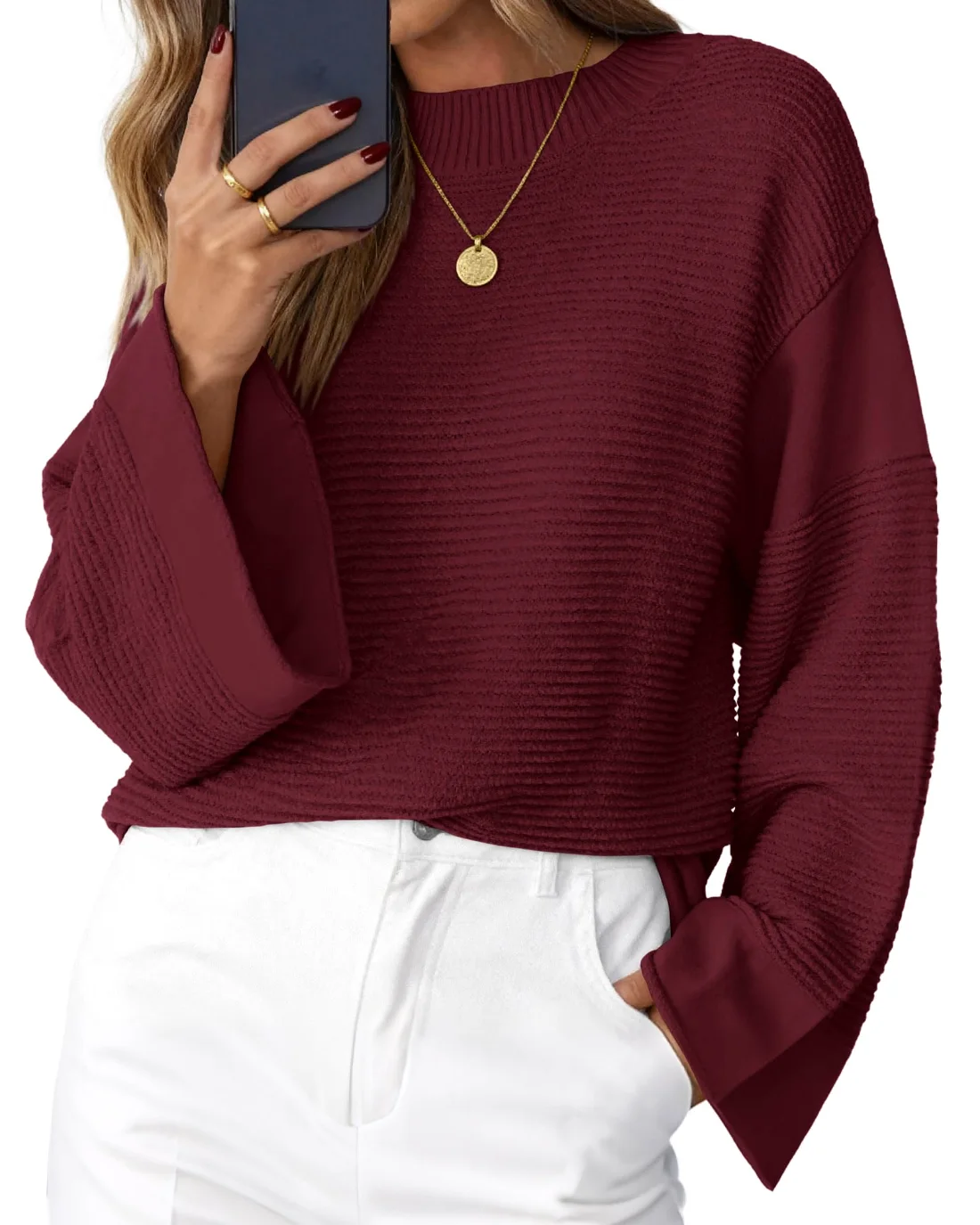 KIRUNDO Chunky Ribbed Oversized Sweater in Burgundy
