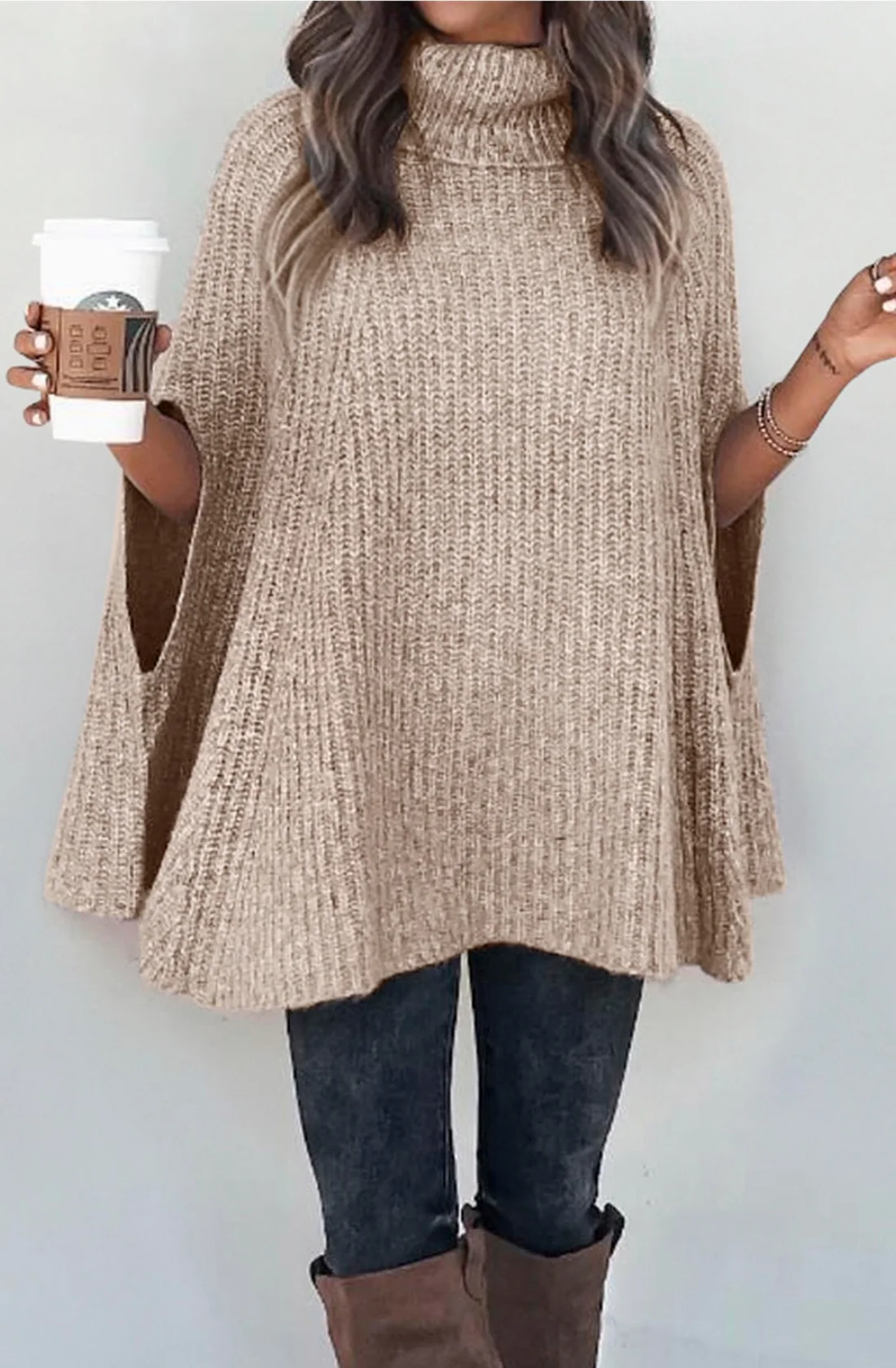 KIRUNDO Chunky Turtleneck Sweater in Light Apricot, view 4