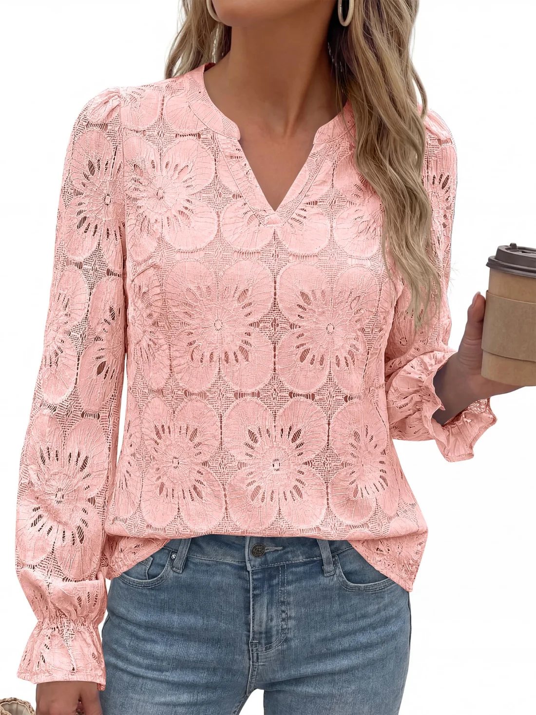 KIRUNDO Crochet Eyelet Lace Top in Light Pink, view 3