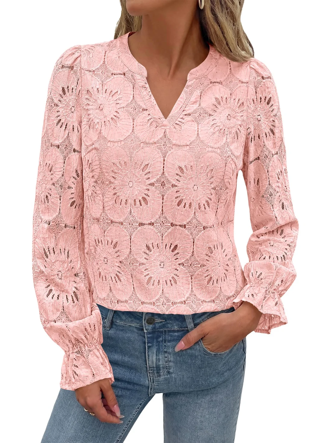 KIRUNDO Crochet Eyelet Lace Top in Light Pink, view 4