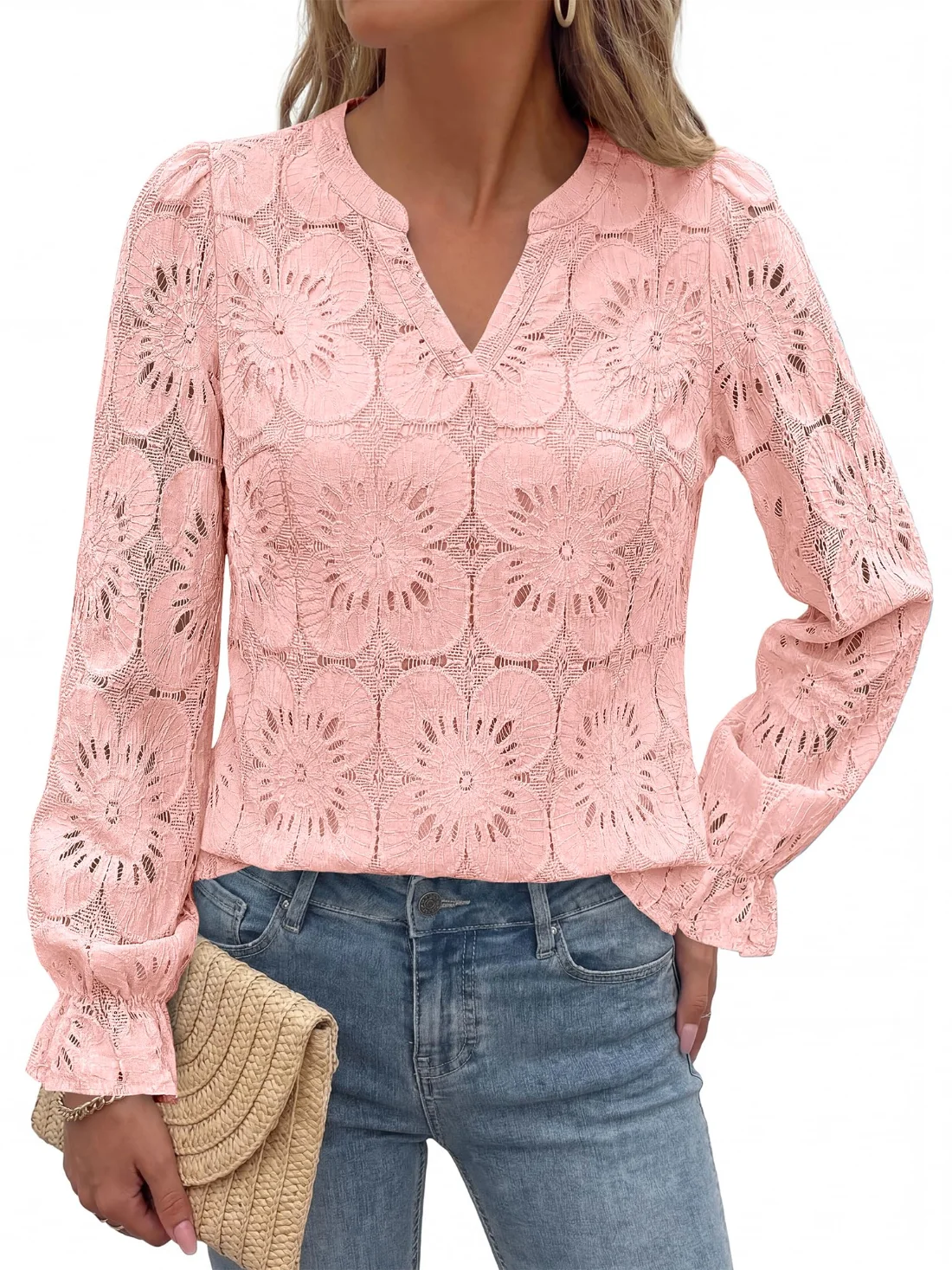 KIRUNDO Crochet Eyelet Lace Top in Light Pink, view 5