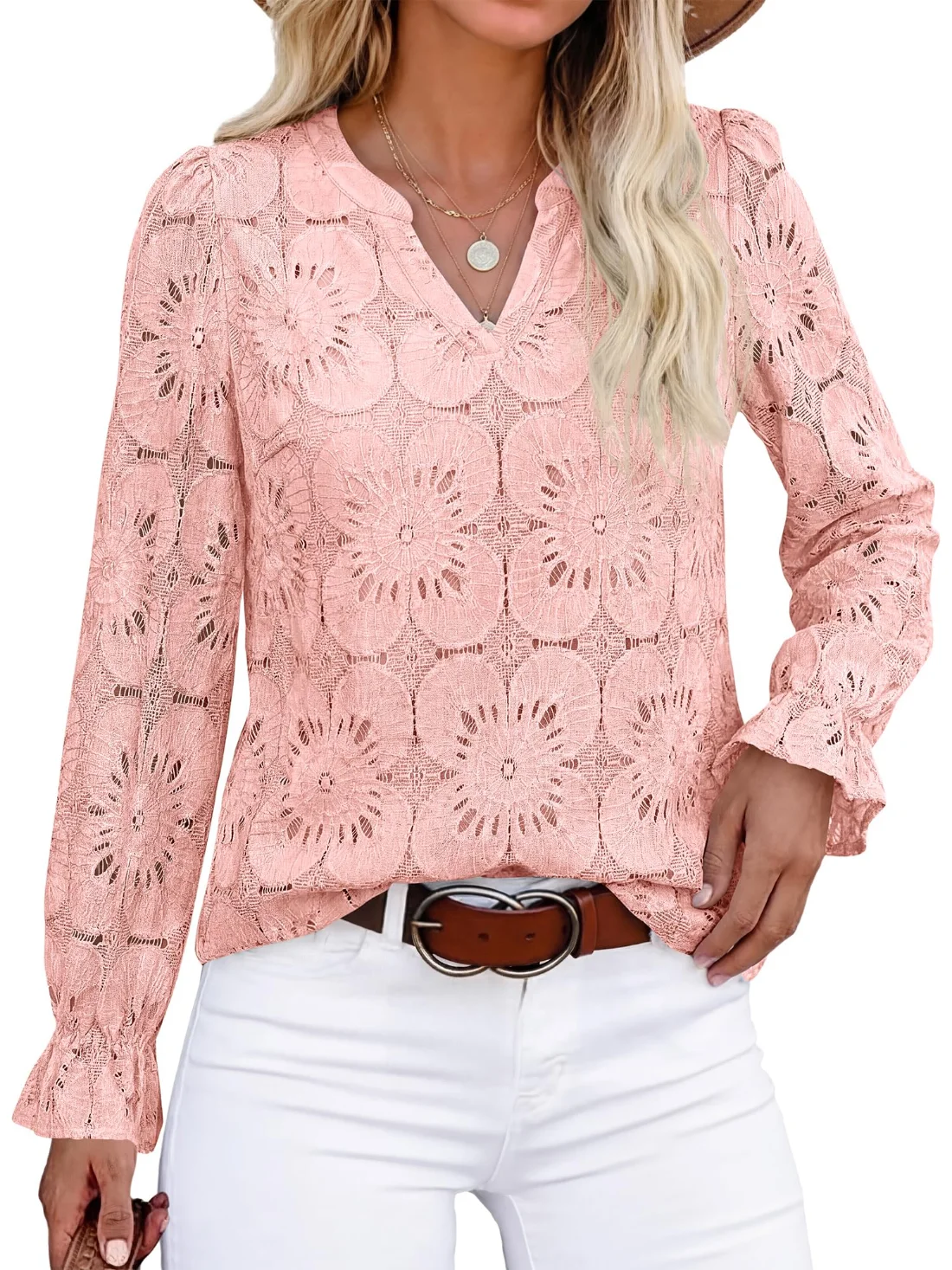 KIRUNDO Crochet Eyelet Lace Top in Light Pink
