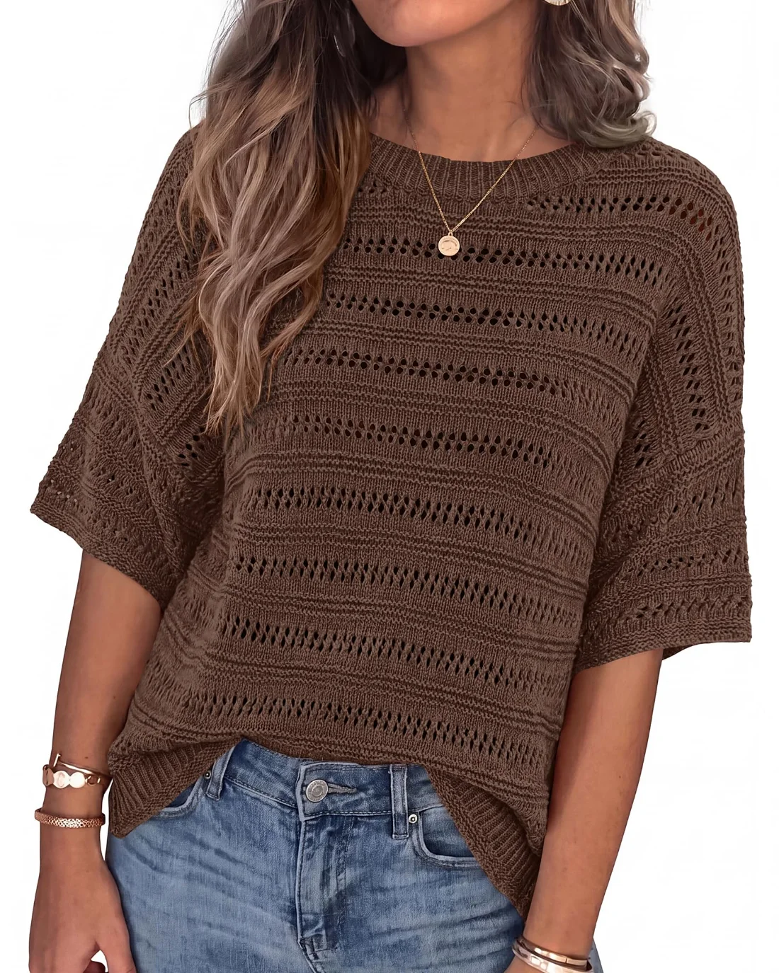 KIRUNDO Crochet Oversized Top in Brown