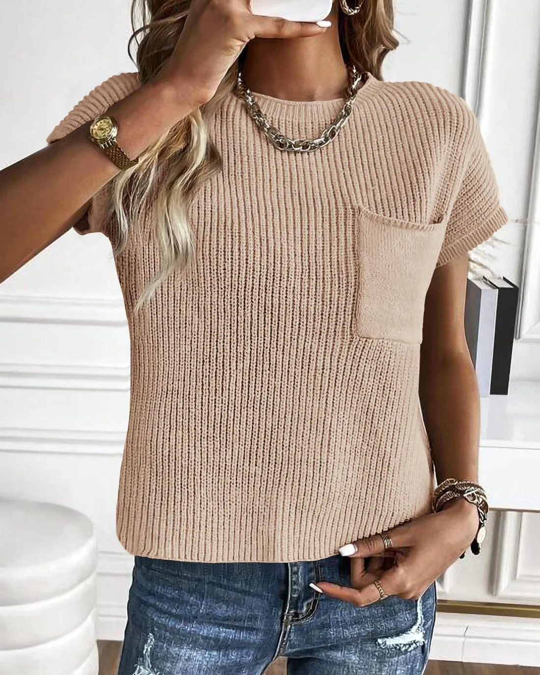 KIRUNDO Crochet Short Sleeve Pocket Top in Beige, view 3