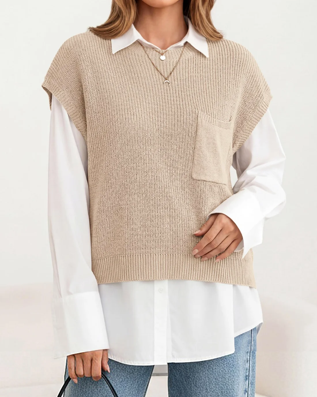 KIRUNDO Crochet Short Sleeve Pocket Top in Beige, view 5