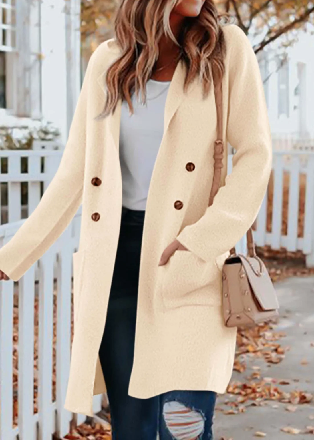 KIRUNDO Double-Breasted Knit Coat Cardigan in Apricot, view 3