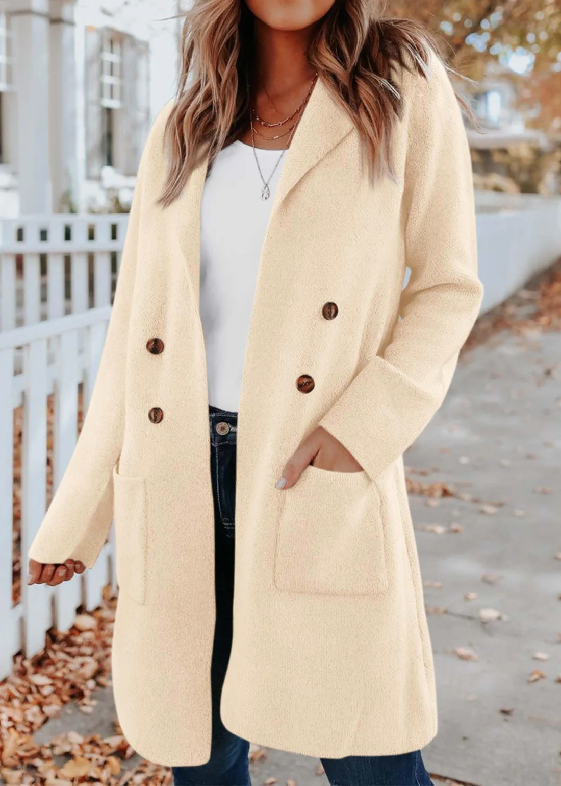 KIRUNDO Double-Breasted Knit Coat Cardigan in Apricot, view 4