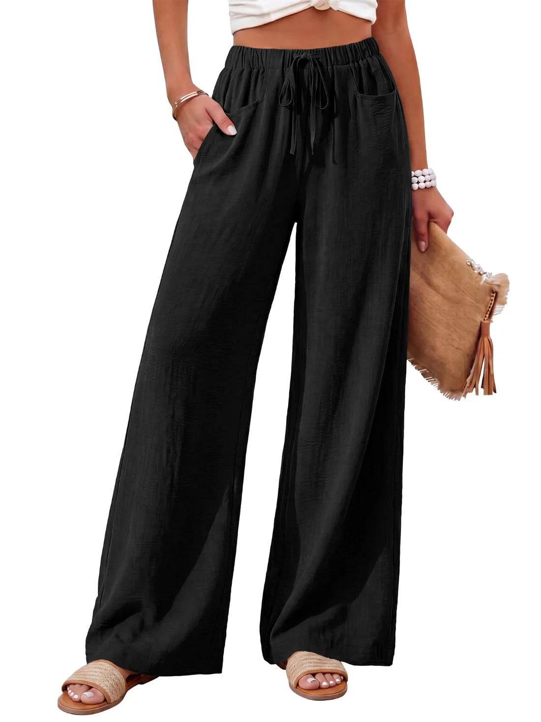 KIRUNDO Drawstring Palazzo Pants in Black