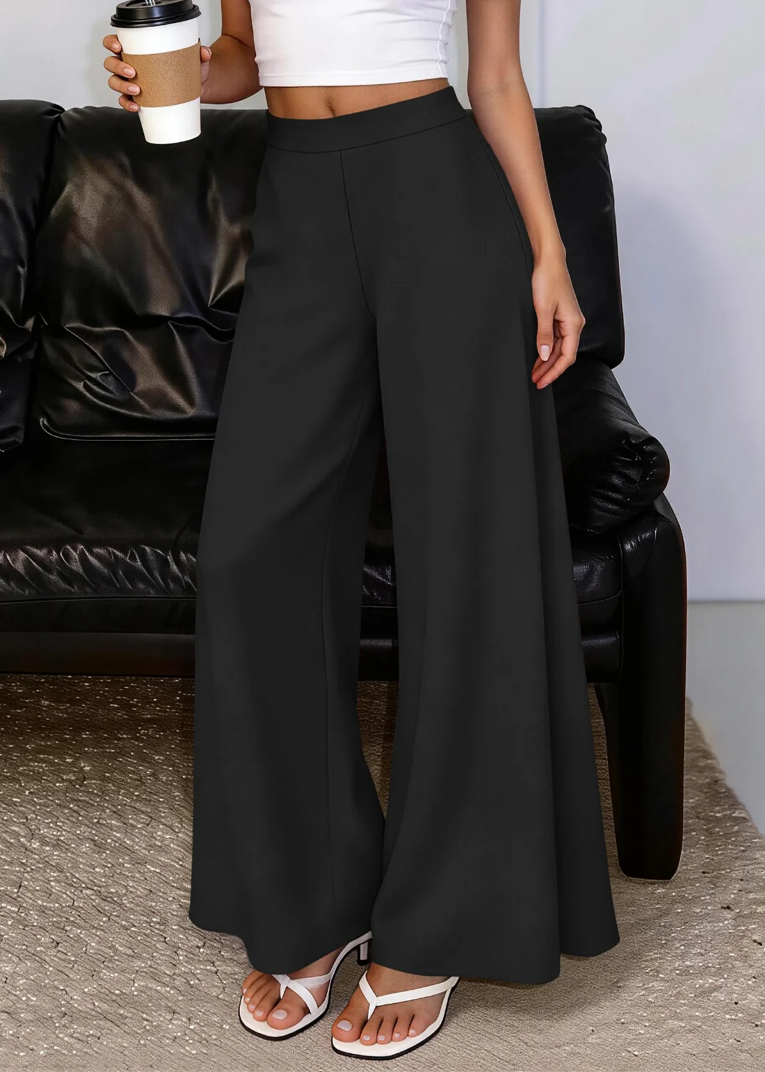 KIRUNDO Elastic Waist Palazzo Pants in Black, view 5