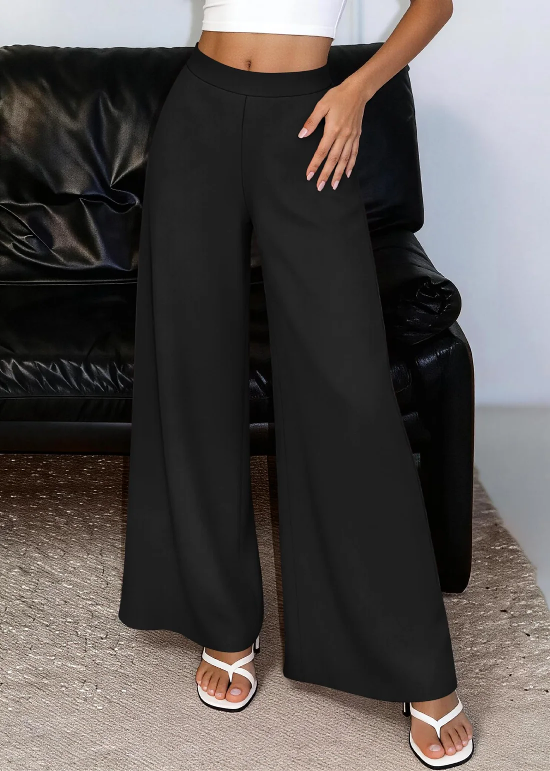 KIRUNDO Elastic Waist Palazzo Pants in Black, view 6