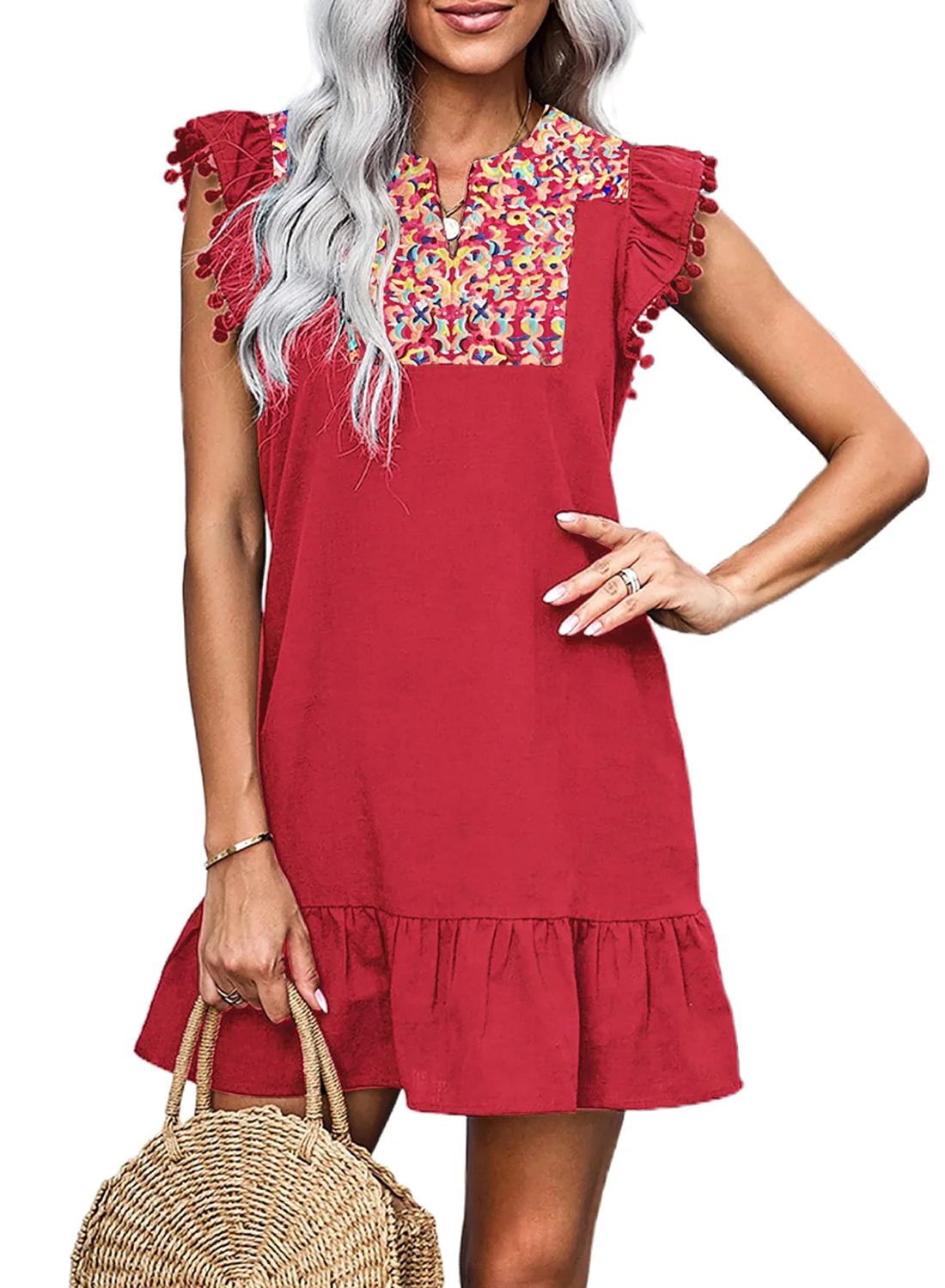 KIRUNDO Embroidered Boho Mini Dress in Red