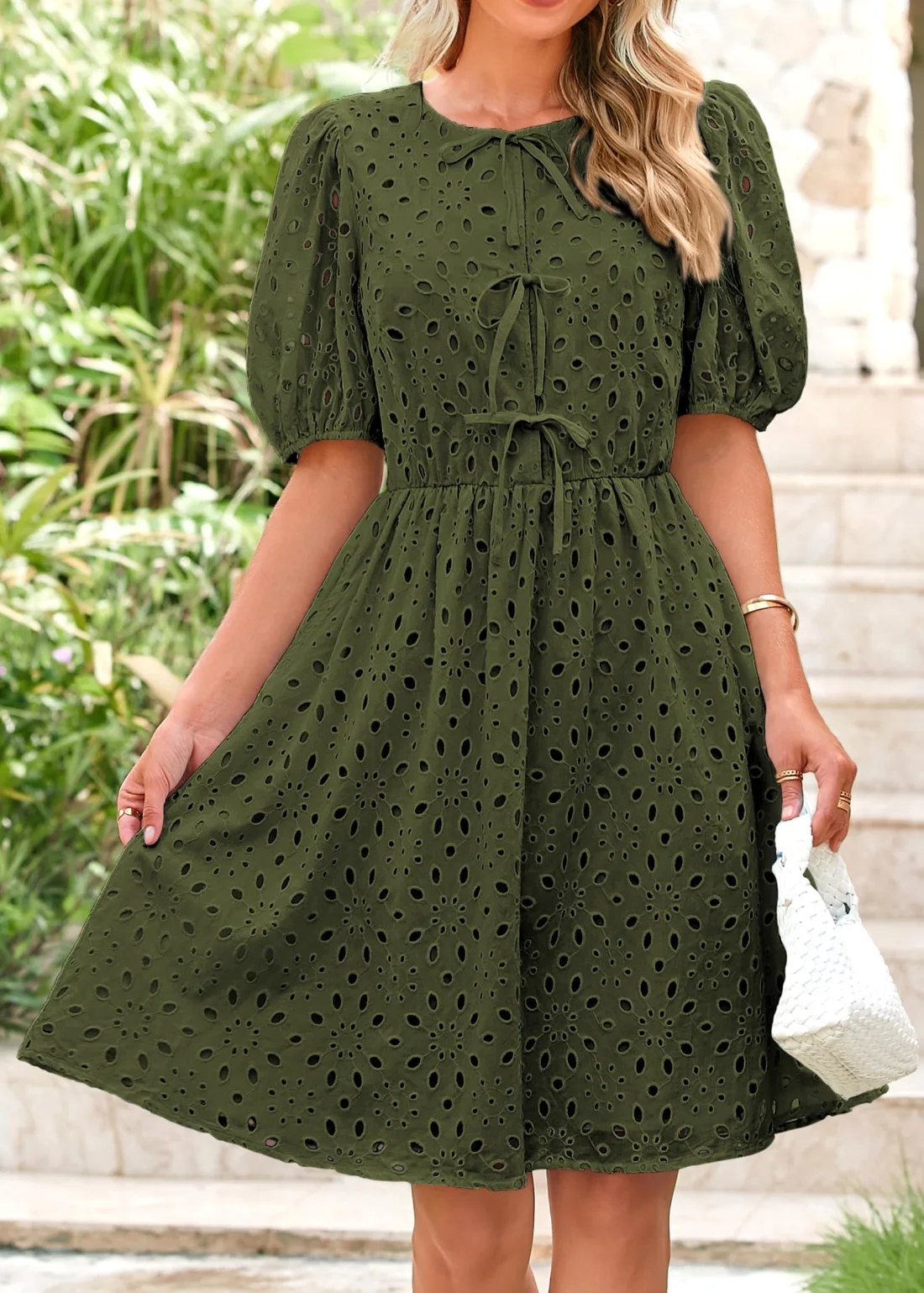 KIRUNDO Eyelet Babydoll A-Line Dress in Army Green, view 3