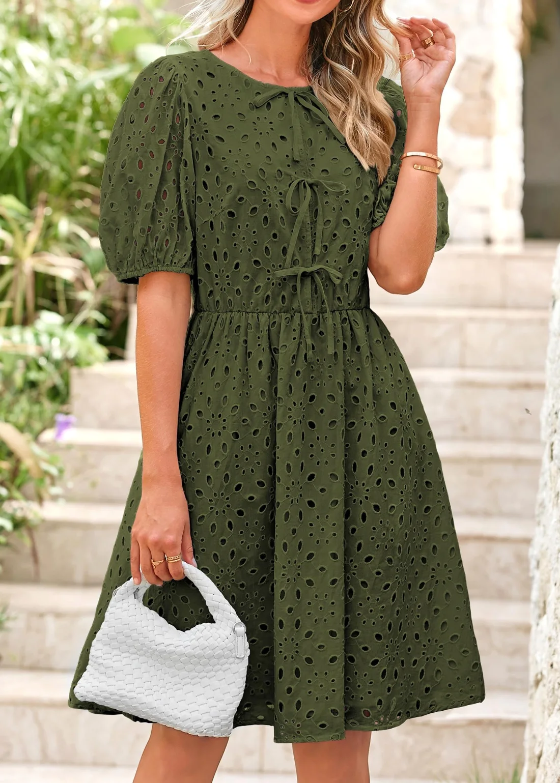 KIRUNDO Eyelet Babydoll A-Line Dress in Army Green, view 6