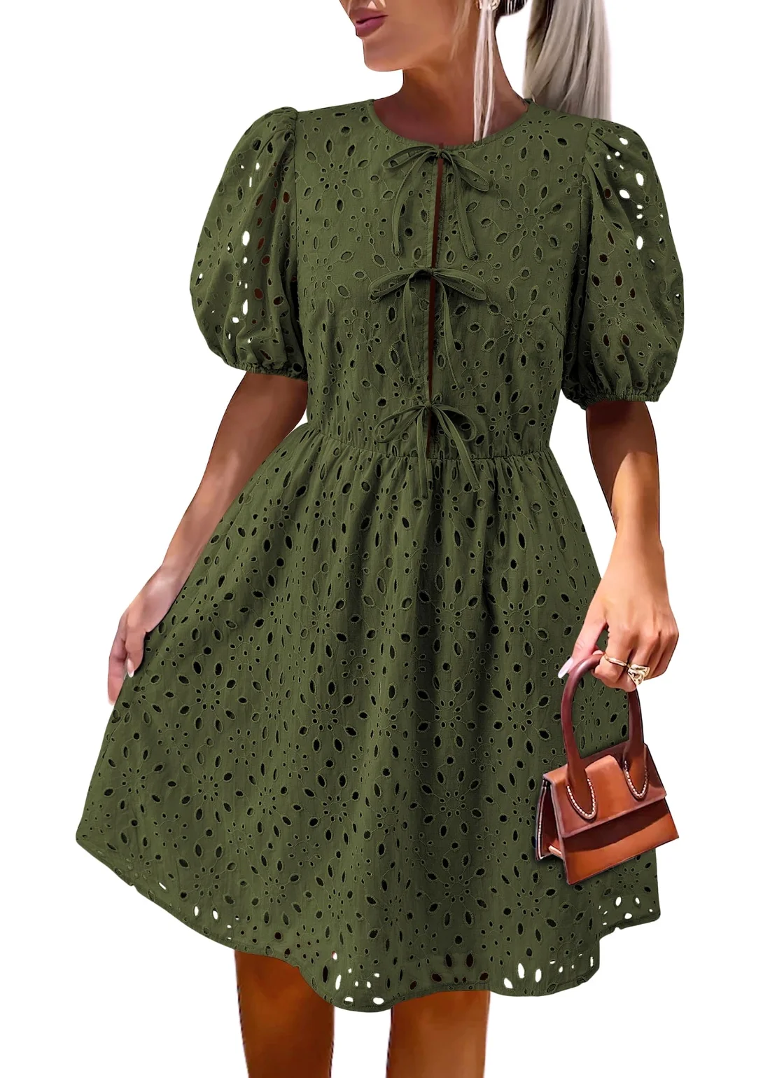 KIRUNDO Eyelet Babydoll A-Line Dress in Army Green