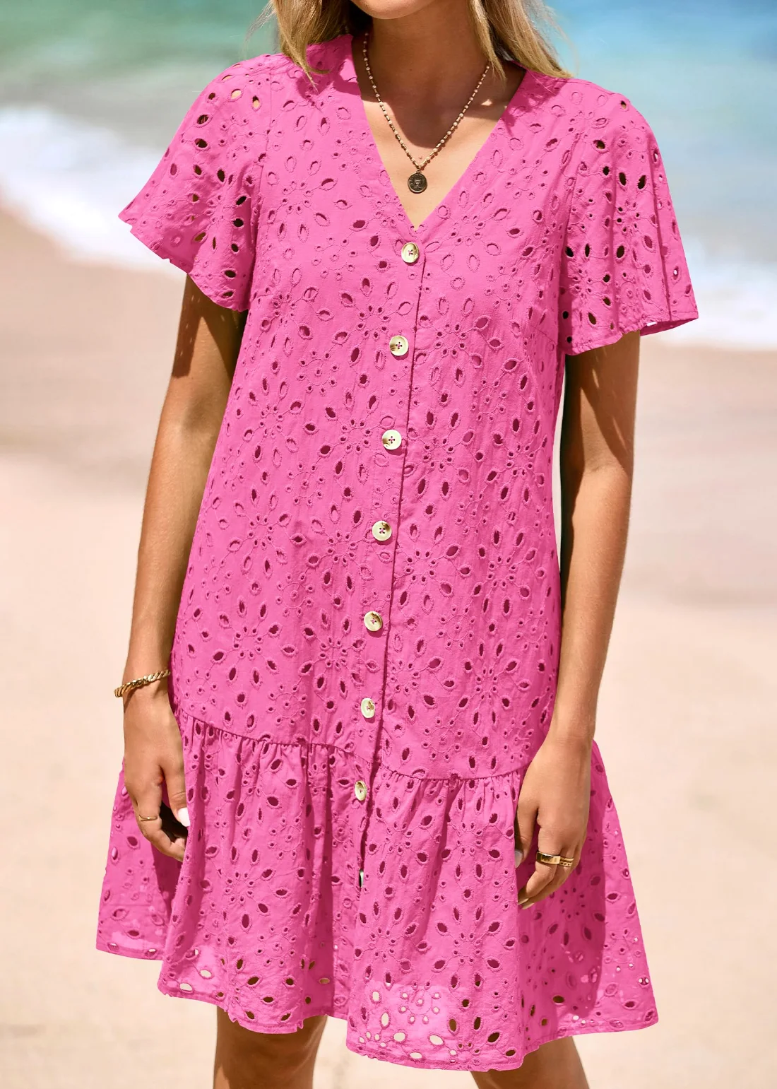 KIRUNDO Eyelet Babydoll Button-Down Mini Dress in Hot Pink, view 4