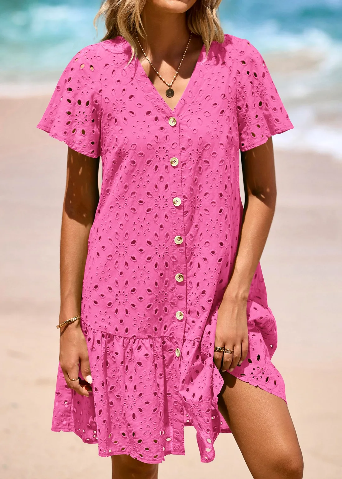KIRUNDO Eyelet Babydoll Button-Down Mini Dress in Hot Pink, view 5
