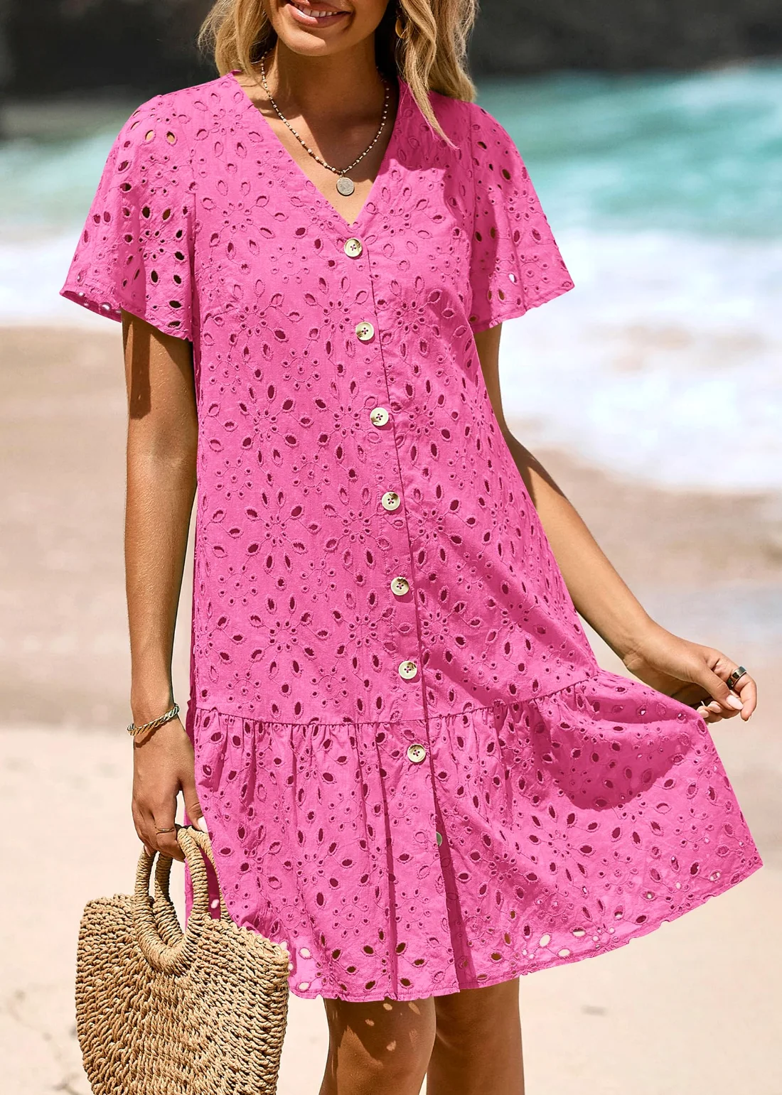 KIRUNDO Eyelet Babydoll Button-Down Mini Dress in Hot Pink, view 6