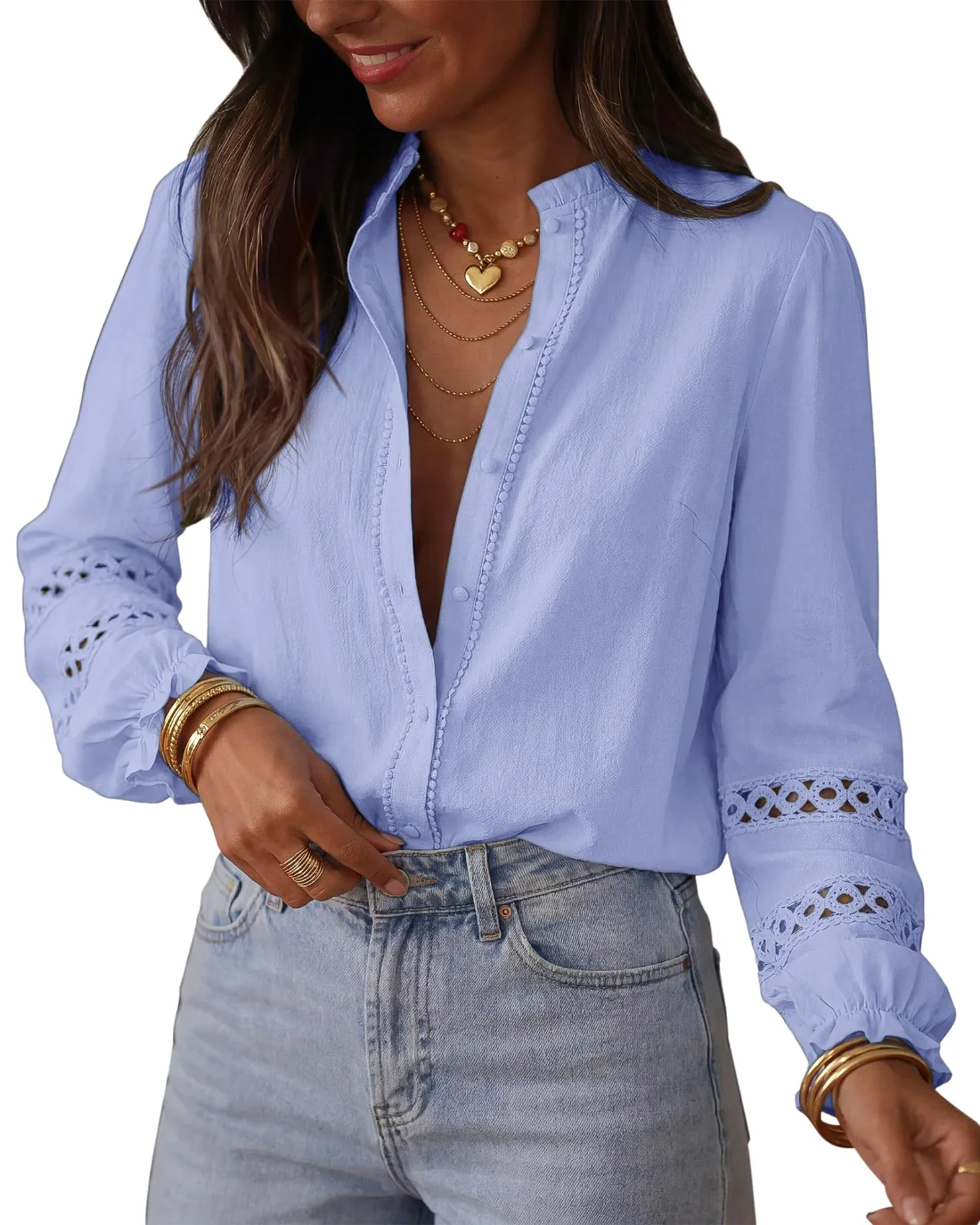 KIRUNDO Eyelet Button-Down Long Sleeve Shirt in Light Blue