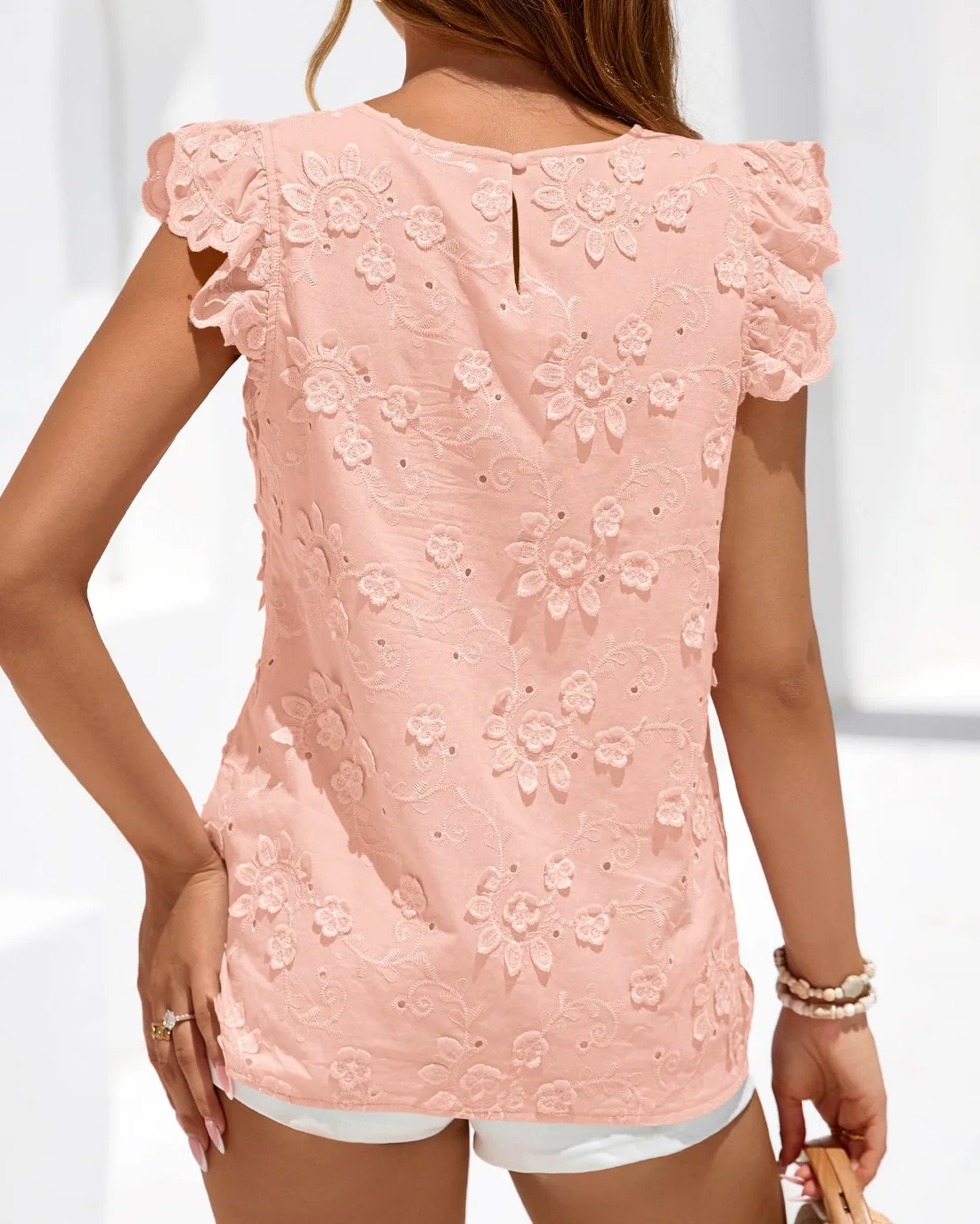 KIRUNDO Eyelet Lace Embroidered Blouse in Pink, view 3