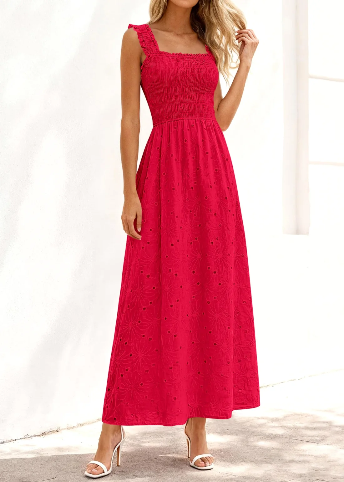 KIRUNDO Eyelet Lace Maxi Dress in Red, view 3