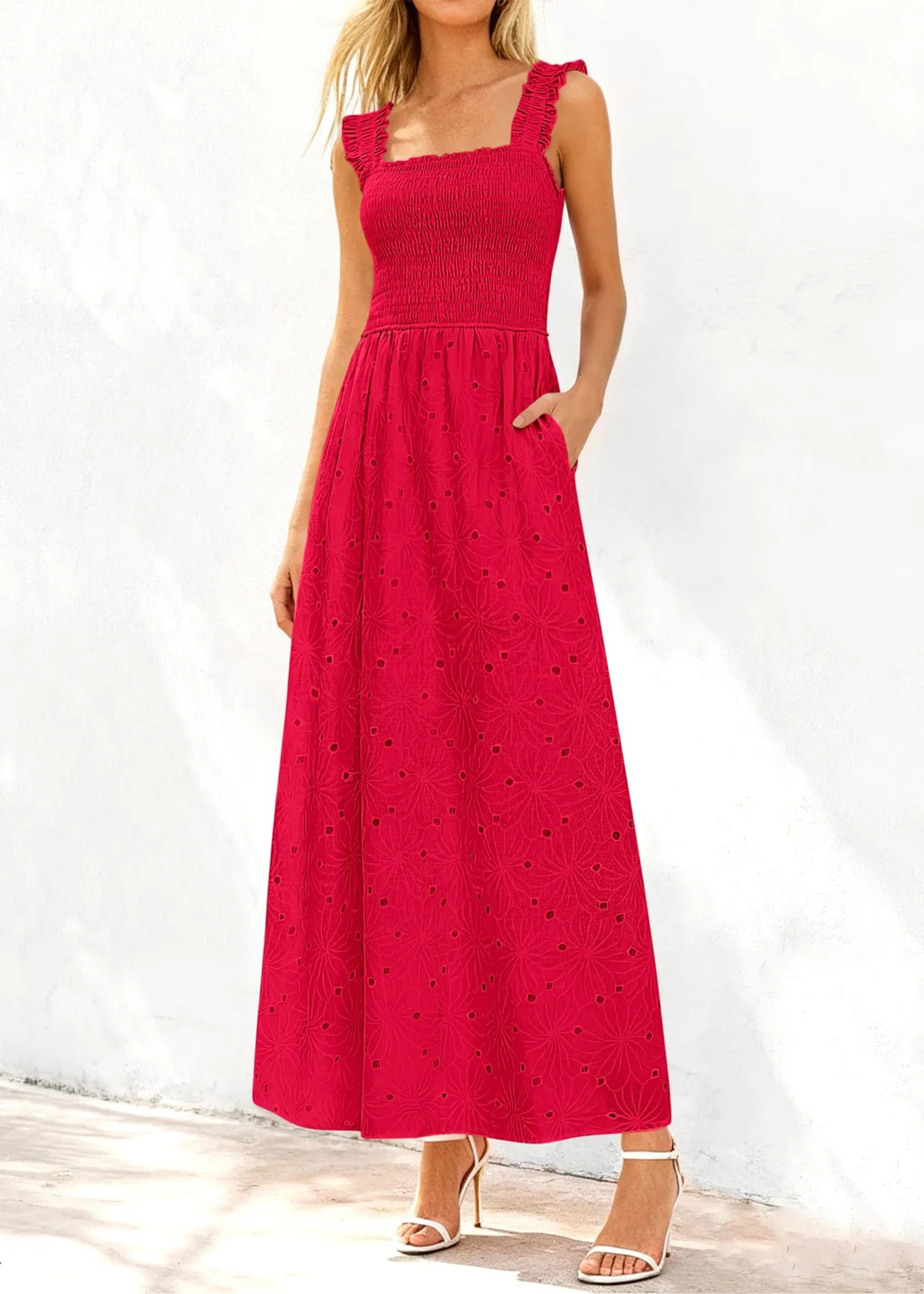 KIRUNDO Eyelet Lace Maxi Dress in Red, view 4