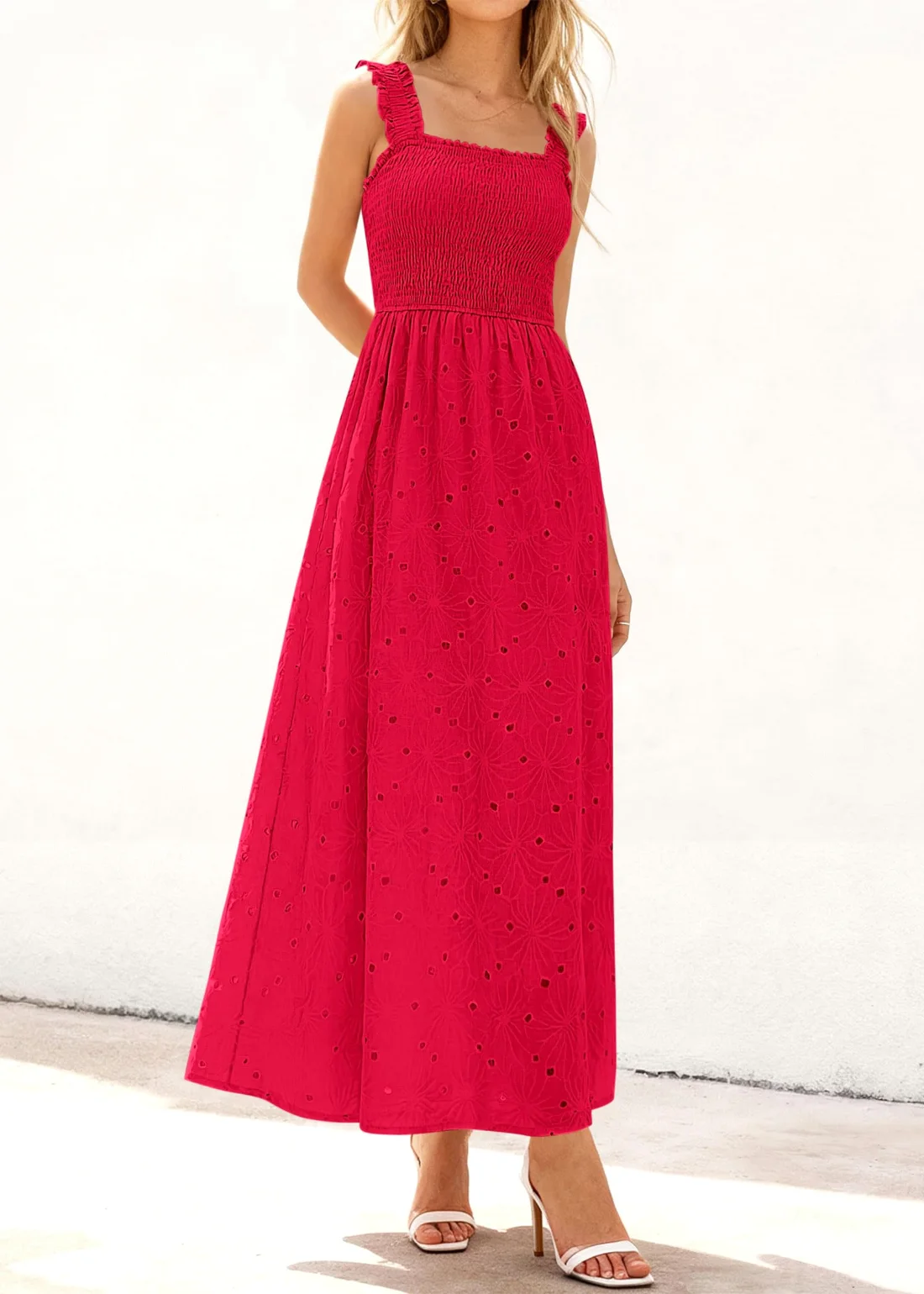 KIRUNDO Eyelet Lace Maxi Dress in Red, view 5