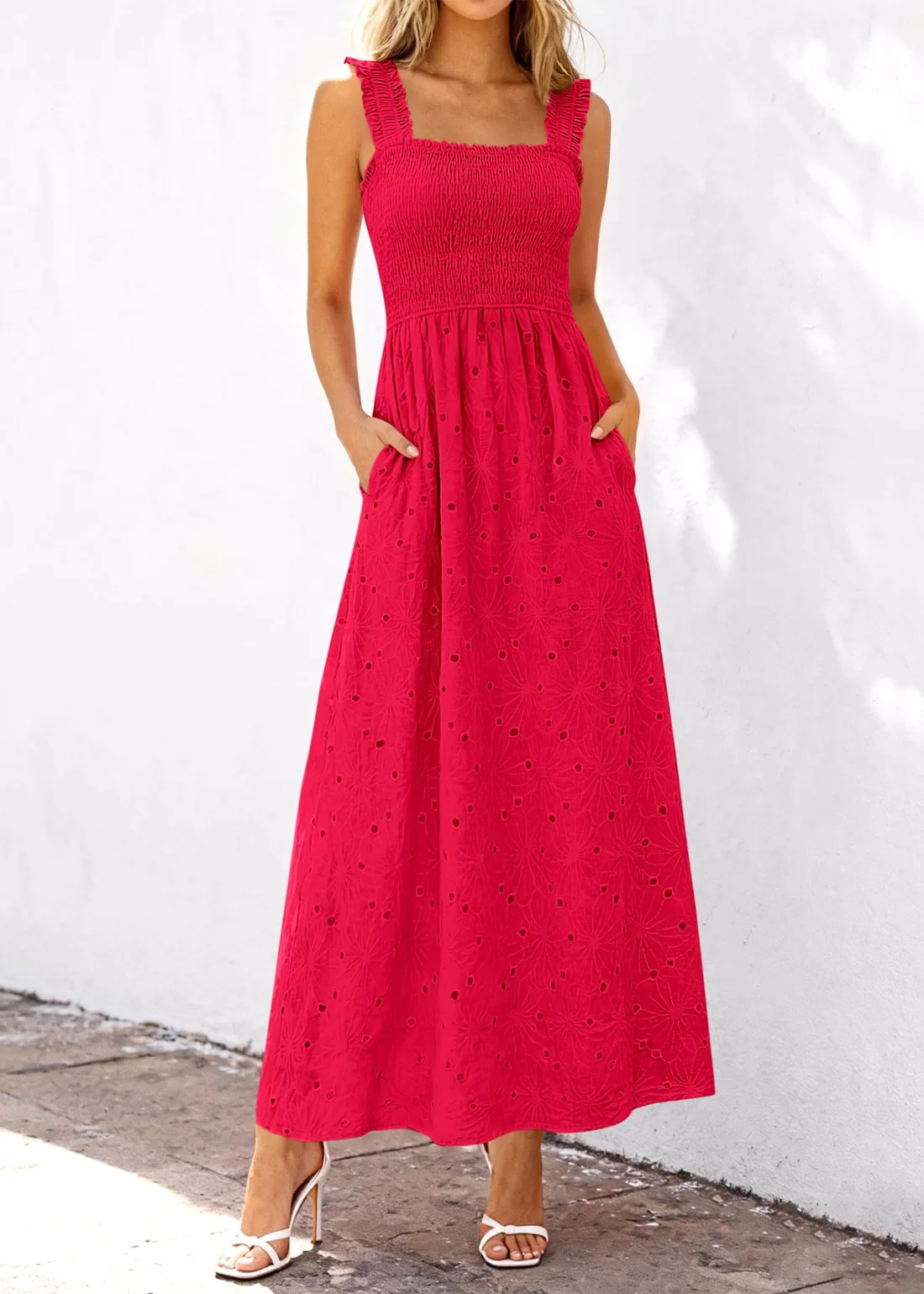 KIRUNDO Eyelet Lace Maxi Dress in Red, view 6
