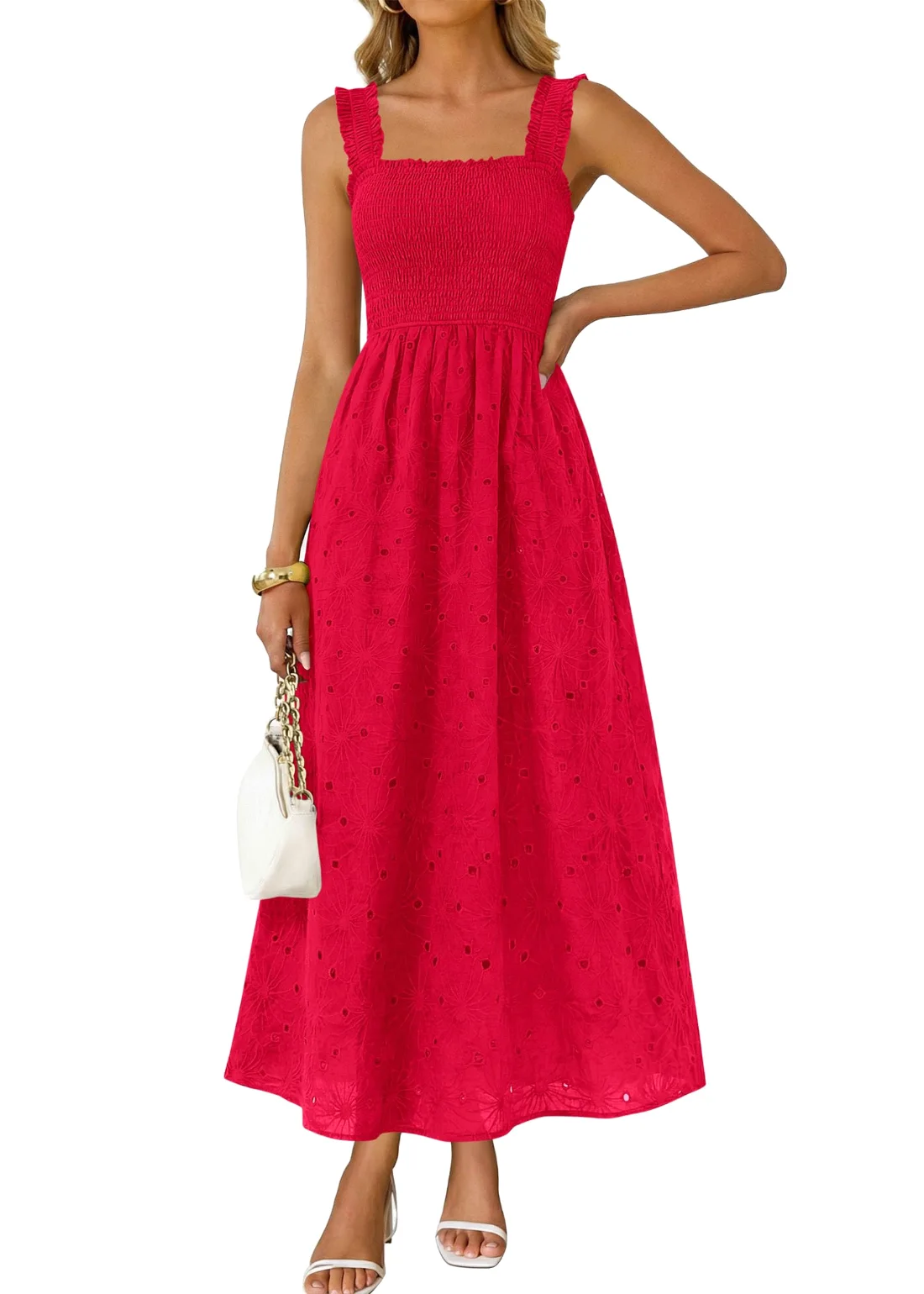KIRUNDO Eyelet Lace Maxi Dress in Red
