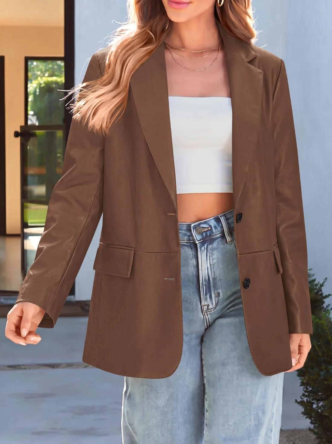 KIRUNDO Faux Leather Blazer in Brown, view 5