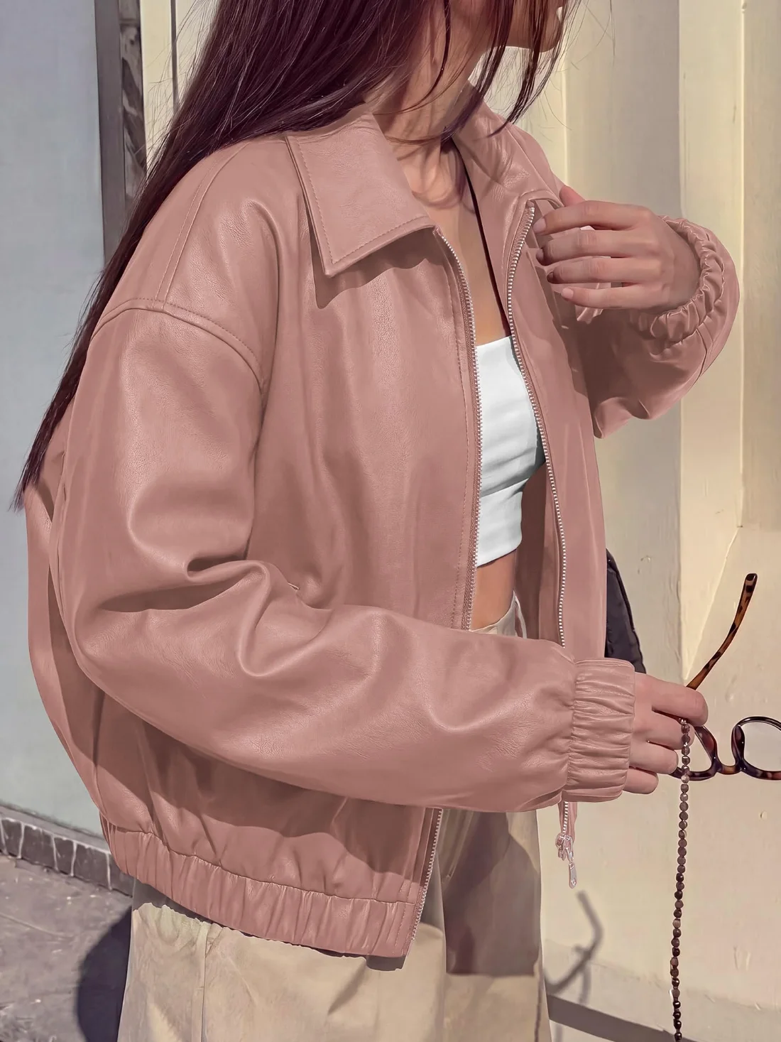KIRUNDO Faux Leather Oversized Zip-Up Jacket in Pink, view 3