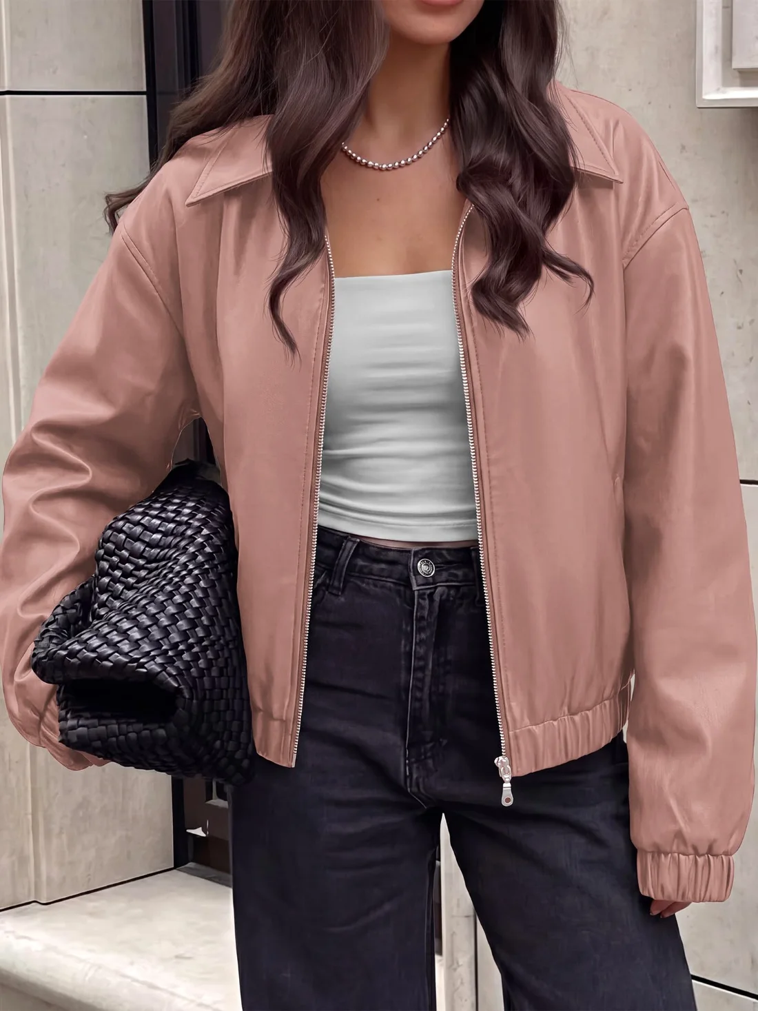 KIRUNDO Faux Leather Oversized Zip-Up Jacket in Pink, view 4