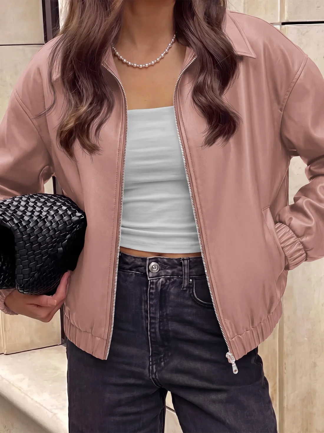 KIRUNDO Faux Leather Oversized Zip-Up Jacket in Pink, view 6
