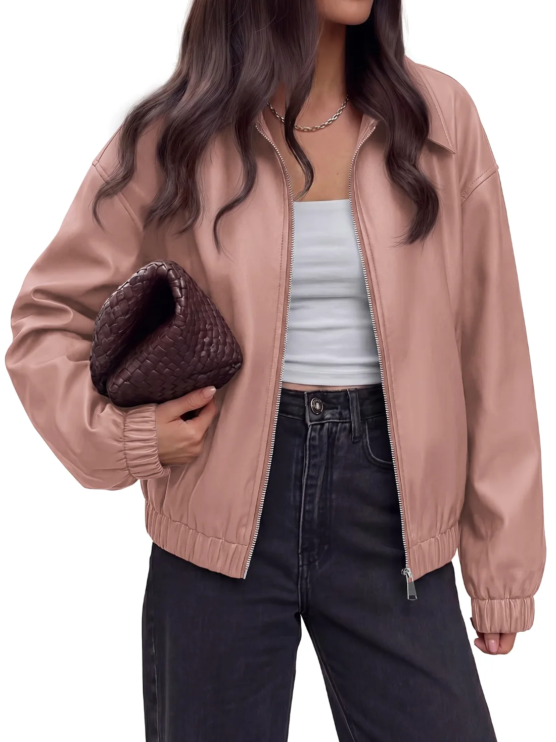 KIRUNDO Faux Leather Oversized Zip-Up Jacket in Pink