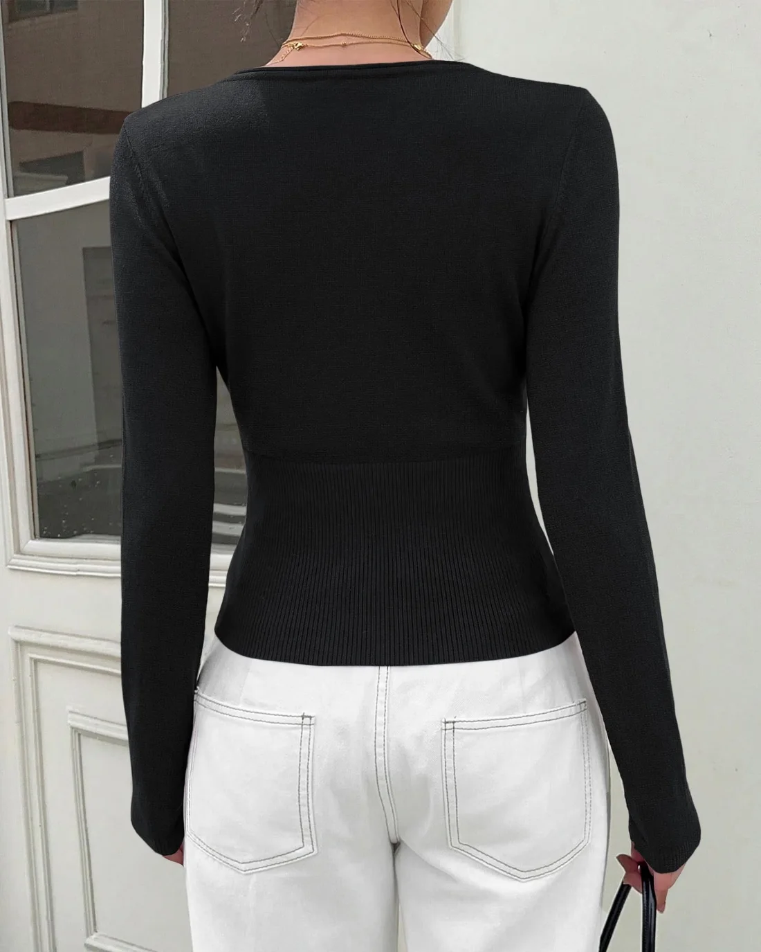 KIRUNDO Fitted Long Sleeve Knit Sweater in Black, view 3