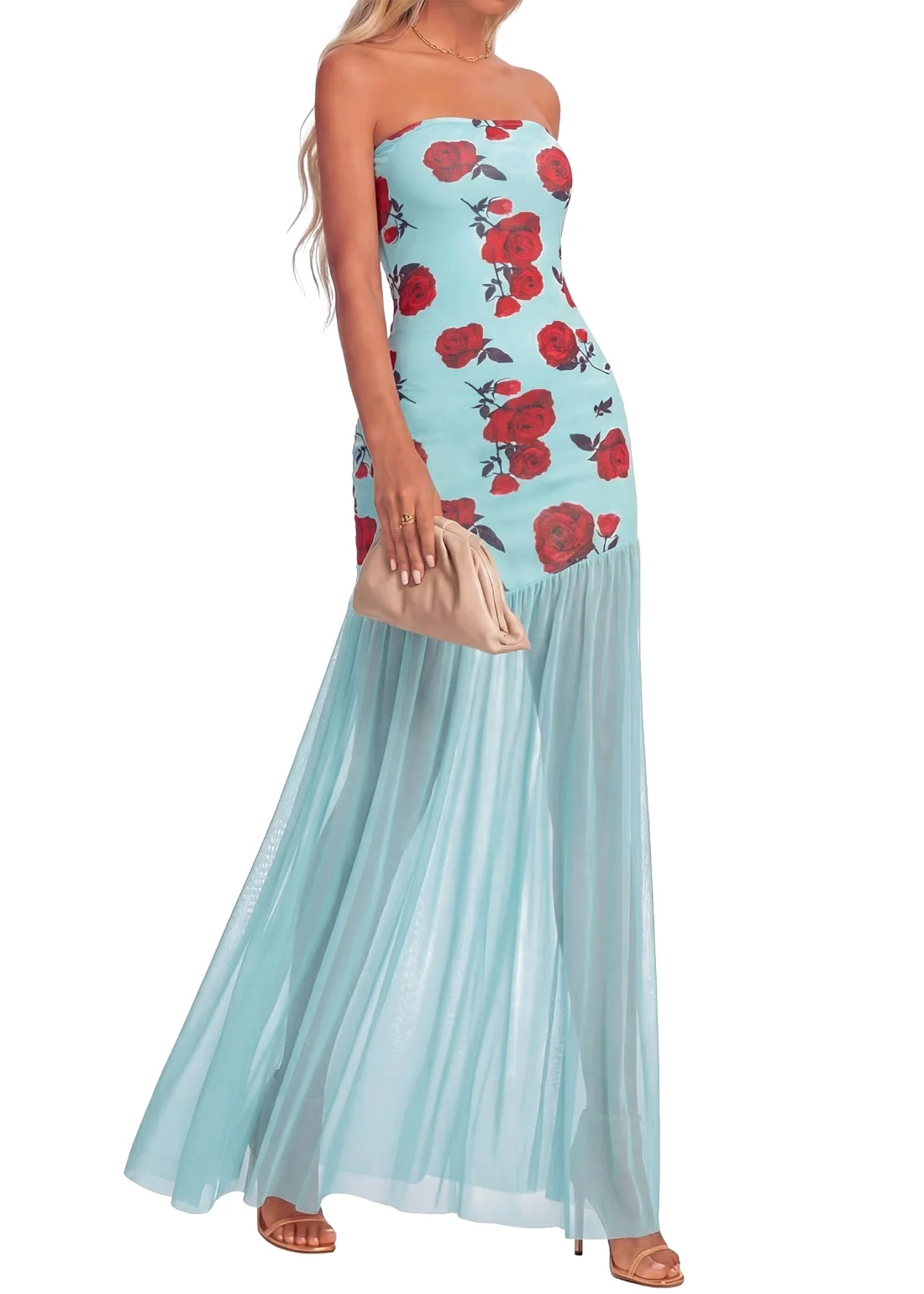 KIRUNDO Floral Bodice Tulle Maxi Dress in Floral Blue Rose Red