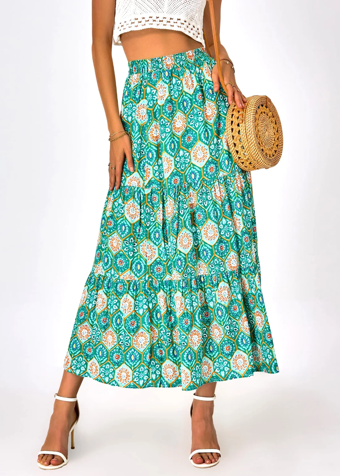 KIRUNDO Floral Boho Skirt in Green Geometry, view 3