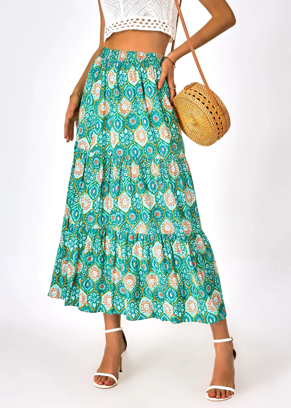 KIRUNDO Floral Boho Skirt in Green Geometry, view 4