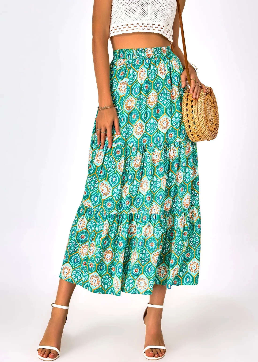 KIRUNDO Floral Boho Skirt in Green Geometry, view 5